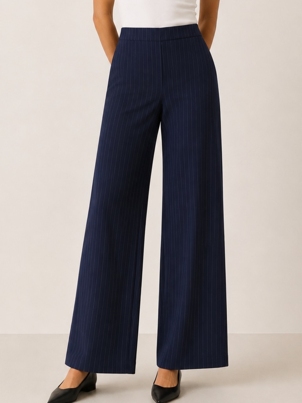 Escada Sz S (34) New Wool Navy Pin Strip Minimalist Classic Wide Leg Pants